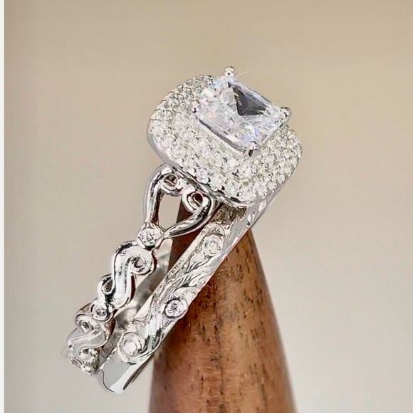 Sterling Silver Clear CZ Vintage Engagement Ring Set New - Picture 12 of 13